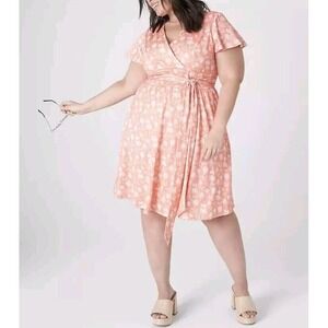 LANE BRYANT‎ WOMEN'S PEACH FLORAL SURPLICE NECK LENA FIT & FLARE DRESS Sz 22/24